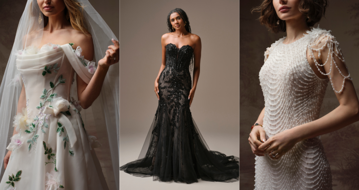 Three-panel bridal collage: close-up of the Amaryllis A-line wedding dress with floral appliqué and beaded vine embroidery on the left, the Benjie fit-and-flare wedding dress in black lace with a sweeping train in the center, and a close-up of the Elowyn A-line wedding dress with pearl beading and draped shoulder chain detailing on the right.