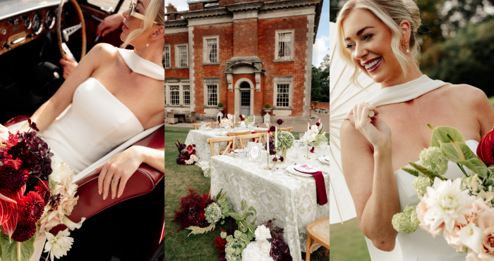 Left: A bride in sunglasses and a strapless white gown with a draped cowl neckline sits in a vintage red convertible, holding a bouquet of burgundy and white florals. Center: A long outdoor dining table dressed in a damask cloth with candles, place settings, and a cascading floral runner of burgundy and white blooms sits on a lawn in front of a red brick manor house. Right: A close-up of the smiling bride adjusting her dress strap under a white parasol, wearing pearl earrings and holding a bouquet of blush and white flowers. Photos by Love and Luna Photography.