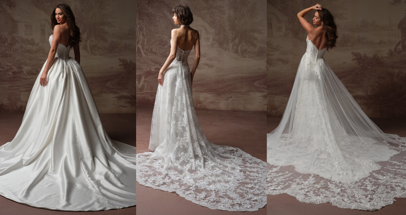 Three brides shown from behind wearing wedding dresses with different train styles: the Abilene by Maggie Sottero with a simple satin train, the Lucca Marie by Maggie Sottero with a scalloped lace train, and the Eirawen by Sottero and Midgley with an illusion lace train.