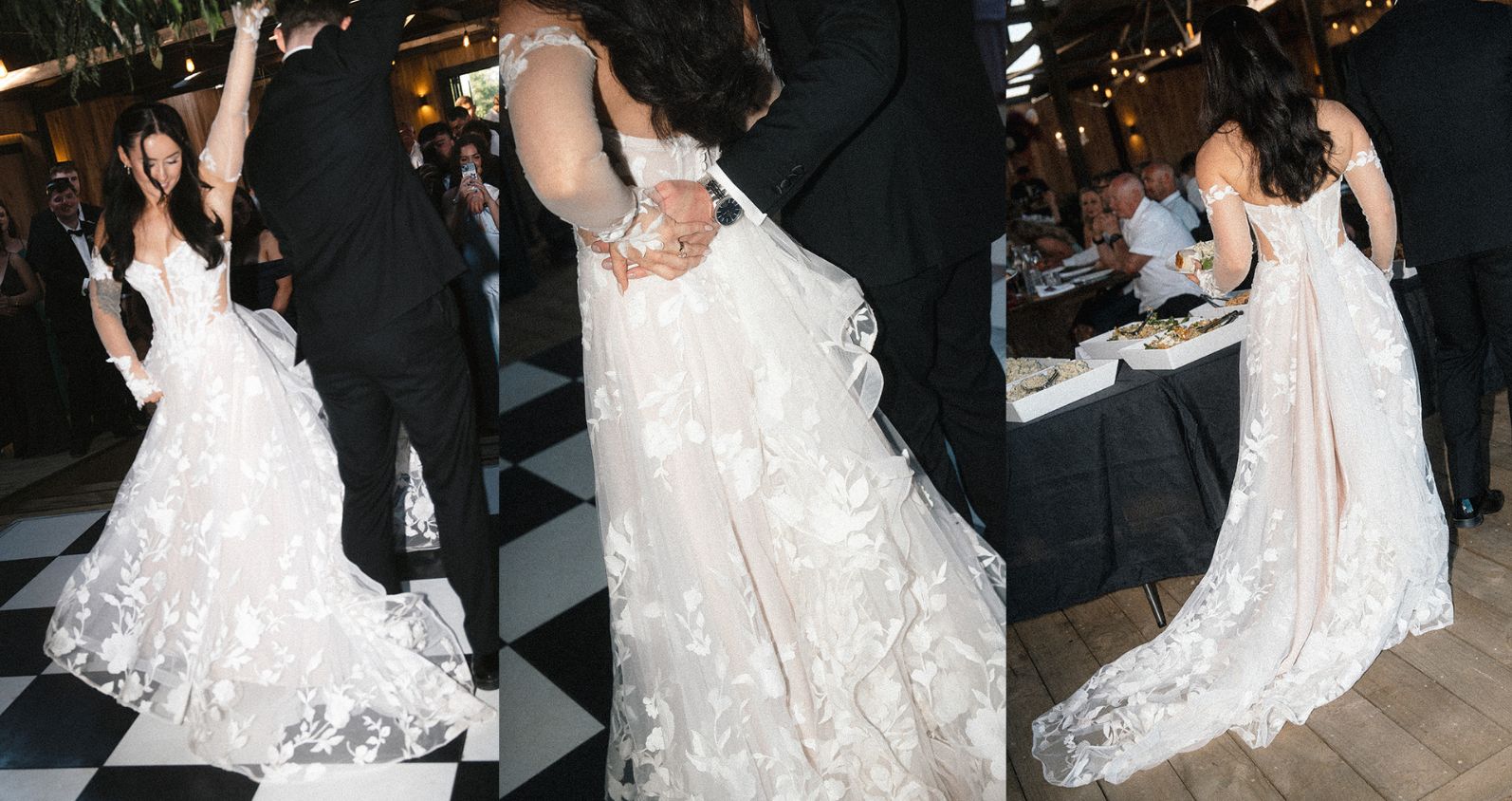 Three real-wedding photos showing a bride wearing Natalie by Maggie Sottero with the skirt bustled, dancing with her groom and walking through the reception in the lace A-line gown with its train gathered up.