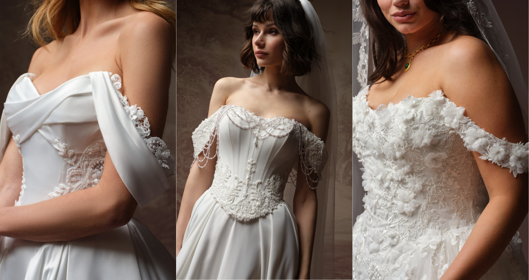 Three off-the-shoulder wedding gowns with cap sleeve details: Gigi by Rebecca Ingram in draped satin with lace-trimmed sleeve, Seattle by Maggie Sottero with a corset bodice and pearl-draped straps, and Benton by Maggie Sottero in floral lace with 3D appliqué sleeve.
