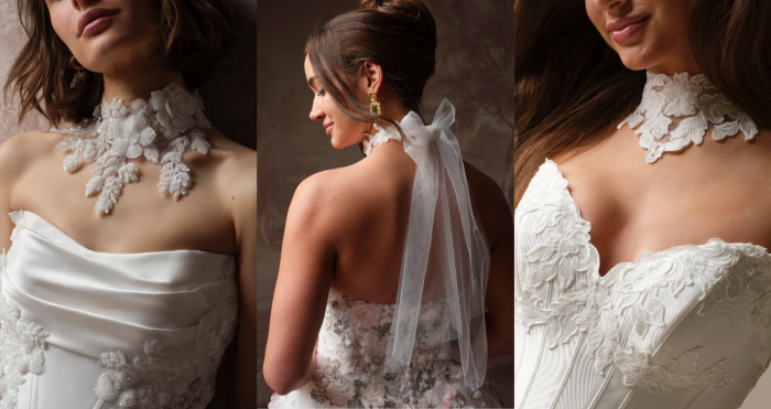 Three bridal choker close-ups: Burke by Sottero and Midgley, a floral lace choker with draping appliqués; Benton by Maggie Sottero, a colorful tulle bow choker; and Serafina Lane by Maggie Sottero, a scalloped lace choker.