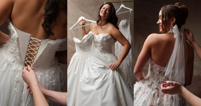 Three-panel bridal image: close-up of corset lacing on a wedding gown, a bride smiling while holding up a strapless ball gown on a hanger, and a bride's bare back with a bow-tied veil being fastened. All gowns by Maggie Sottero.