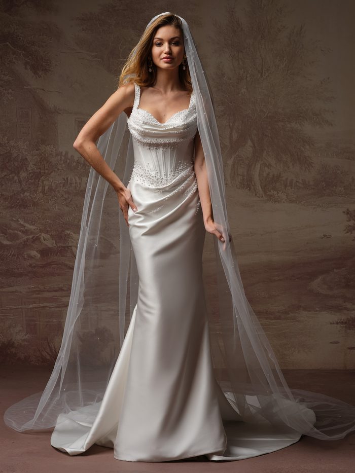 Front view of a model wearing the Astoria veil from the Essentials Edit by Maggie Sottero, a long pearl-scattered tulle cathedral veil, paired with a beaded satin fit-and-flare wedding dress featuring a draped sweetheart neckline and a fitted corset bodice.