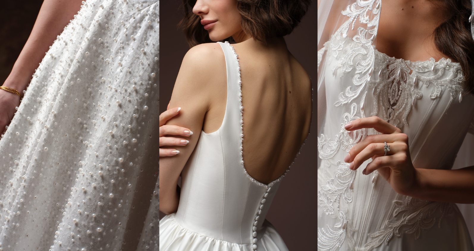 Three-panel close-up of pearl-beaded wedding gowns: the Elowyn A-line by Maggie Sottero with cascading pearl-beaded tulle skirt, the Sandrine ballgown by Sottero and Midgley showing a low pearl-trimmed back and button closure, and the Zurielle A-line by Maggie Sottero with intricate beaded lace bodice and sheer sleeves.