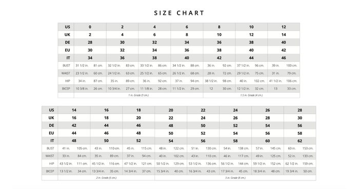 Maggie Sottero size chart showing US sizes 0–28 with corresponding UK, DE, EU, and IT sizes, along with bust, waist, hip, and bicep measurements in inches and centimeters.