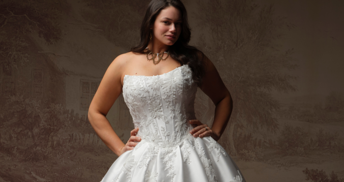 Model wearing Lucinde by Sottero and Midgley, a strapless wedding gown with a fitted, lace-embellished bodice and a full ball gown skirt, hands on hips against a painted backdrop.