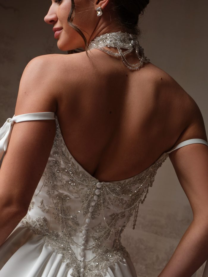 Back view of the Aelarion choker by Sottero and Midgley, showing its cascading beaded chains down the open back of the beaded off-the-shoulder wedding gown.