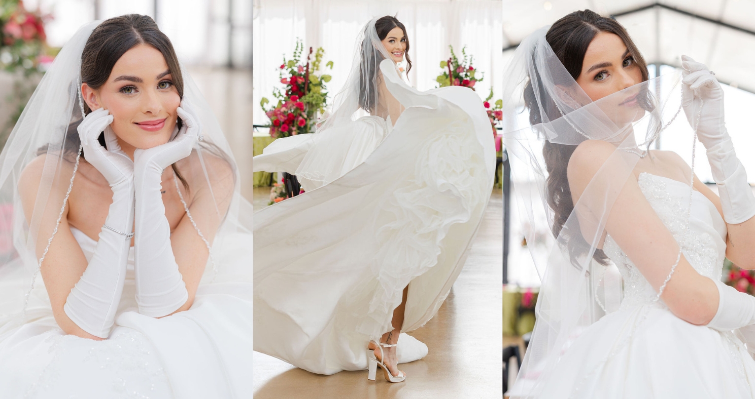 Three-panel photo of a bride in a strapless Maggie Sottero ball gown with long white gloves and a beaded veil, posing in a tented venue decorated with pink and red florals.