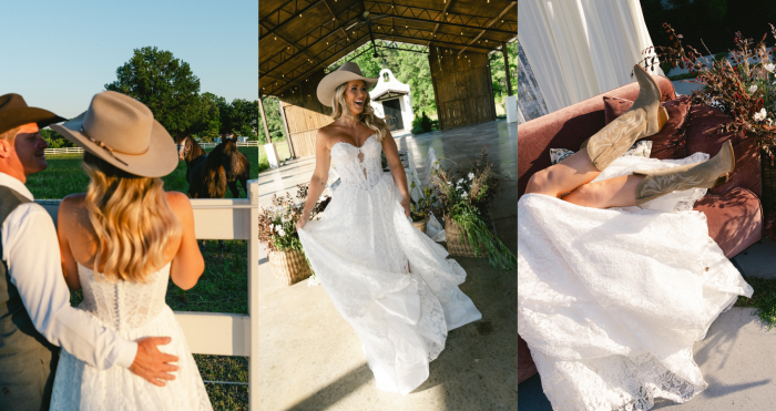 Three-panel western-style wedding blog header: a bride and groom in cowboy hats look out at horses in a pasture; the bride twirls in her Narelle by Maggie Sottero lace wedding gown under a barn venue; and the bride's tan cowboy boots and lace gown rest on a couch.