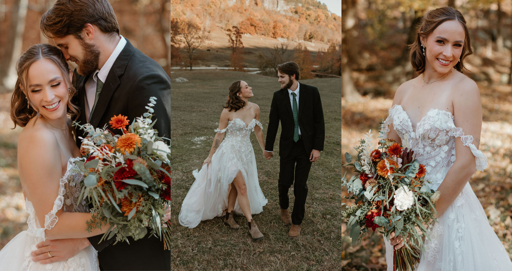 Three-panel fall wedding collage featuring the Wicklow wedding dress by Maggie Sottero. A bride in an off-the-shoulder floral lace gown poses with a bouquet of rust, orange, and ivory blooms, while a couple walks through an autumn landscape surrounded by golden foliage and warm seasonal colors.