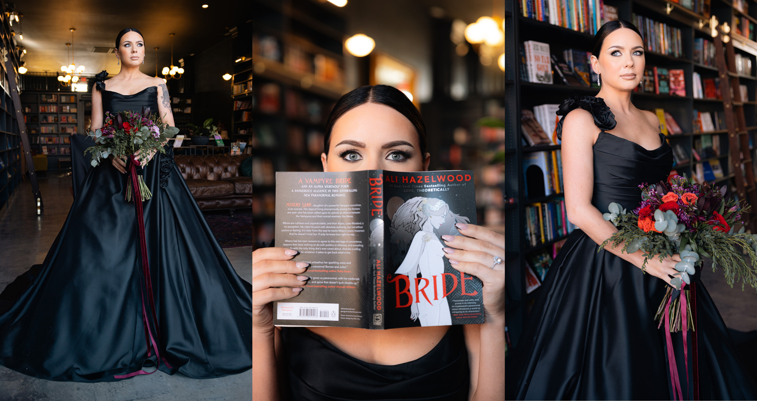 Collage of the Antoinette wedding dress by Maggie Sottero styled for a Halloween-inspired wedding. The black satin ballgown is shown in a moody bookstore setting with dramatic lighting, a dark jewel-toned bouquet, and bookshelves in the background. In the center image, the model holds a vampire-themed romance novel, creating a gothic, romantic aesthetic perfect for a sophisticated Halloween celebration.