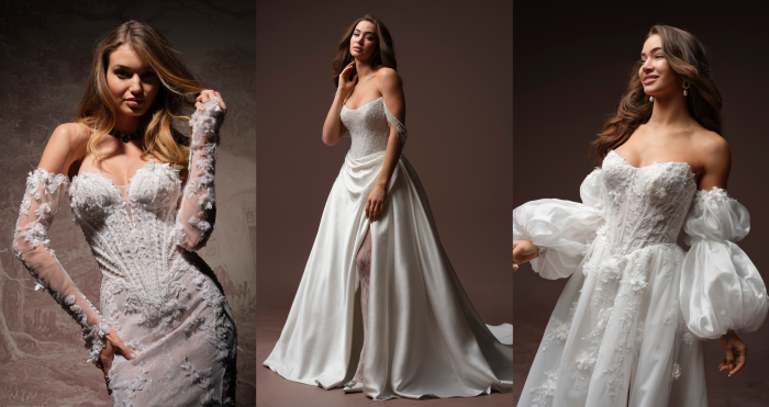 Three wedding reception dress looks displayed side by side, showcasing fitted lace detailing, a convertible satin overskirt silhouette, and a floral-textured gown with dramatic puff sleeves.