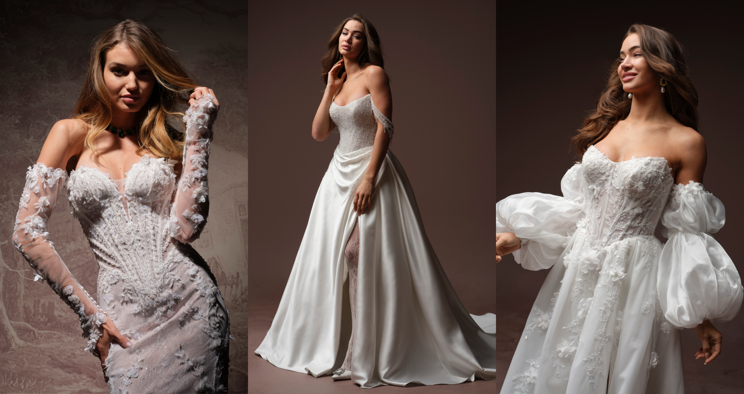Three wedding reception dress looks displayed side by side, showcasing fitted lace detailing, a convertible satin overskirt silhouette, and a floral-textured gown with dramatic puff sleeves.