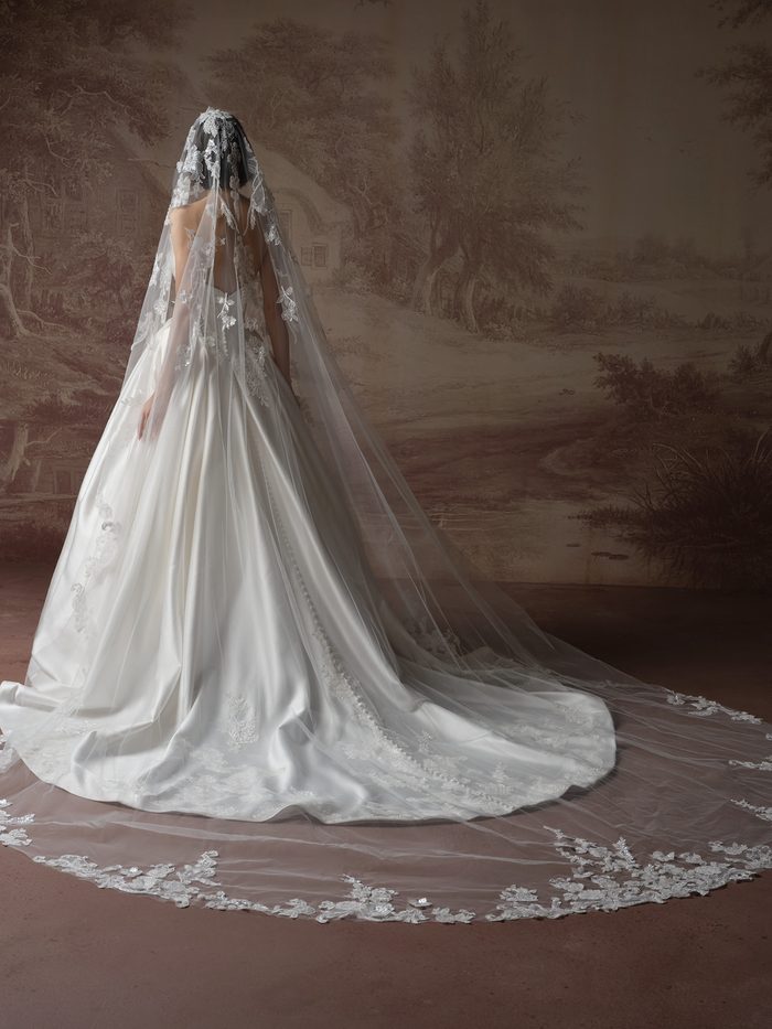 Back view of the Burke Lane by Sottero and Midgley ballgown wedding dress, highlighting the low strapless back, covered button detailing, and full satin train. The gown is paired with a cathedral-length floral lace veil embellished with matching appliqué accents.