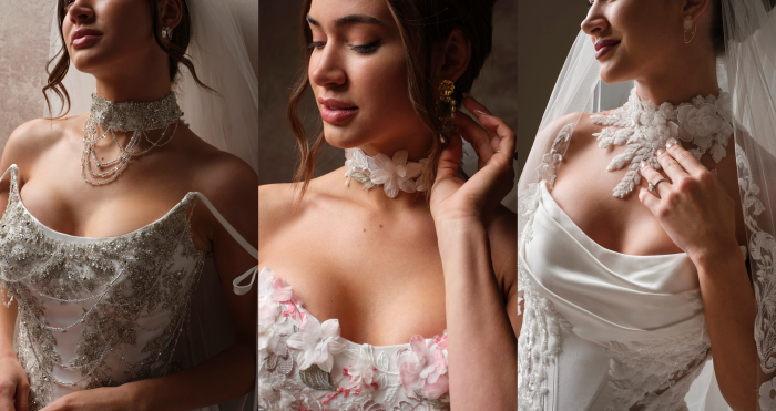 Three bridal portraits side by side showing Maggie Sottero chokers. A beaded crystal choker with draped strands over an embellished corset gown, a white 3D floral lace choker with a pink floral bodice, and a lace floral high-neck appliqué paired with a draped satin gown and cathedral veil.