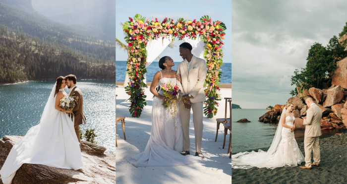 Three destination wedding scenes featuring Maggie Sottero bridal gowns. On the left, a couple stands on a rocky overlook above a sparkling mountain lake, with the bride wearing a classic ballgown and long veil. In the center, a couple stands beneath a vibrant tropical floral arch on a white-sand beach, with the bride in a flowing strapless gown holding a colorful bouquet. On the right, a couple exchanges vows on a secluded black-sand beach framed by dramatic coastal rocks, with the bride wearing a fitted floral lace gown and cathedral-length veil. The collage highlights destination wedding celebrations in mountain, tropical, and seaside settings.